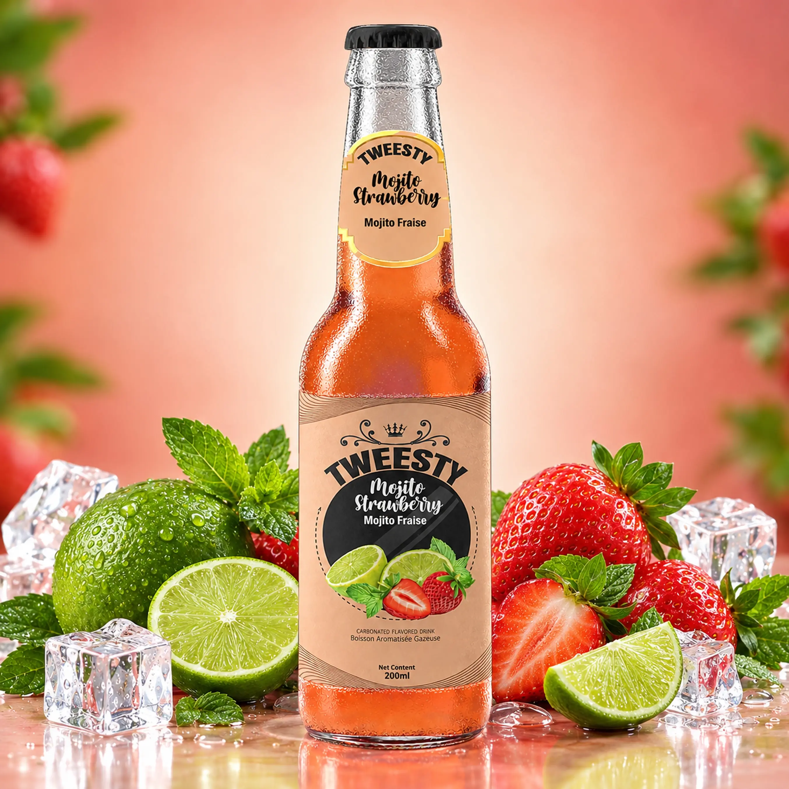 TWEESTY Mojito Strawberry carbonated flavoured drink 200ml glass bottle with strawberry, lime, mint and ice